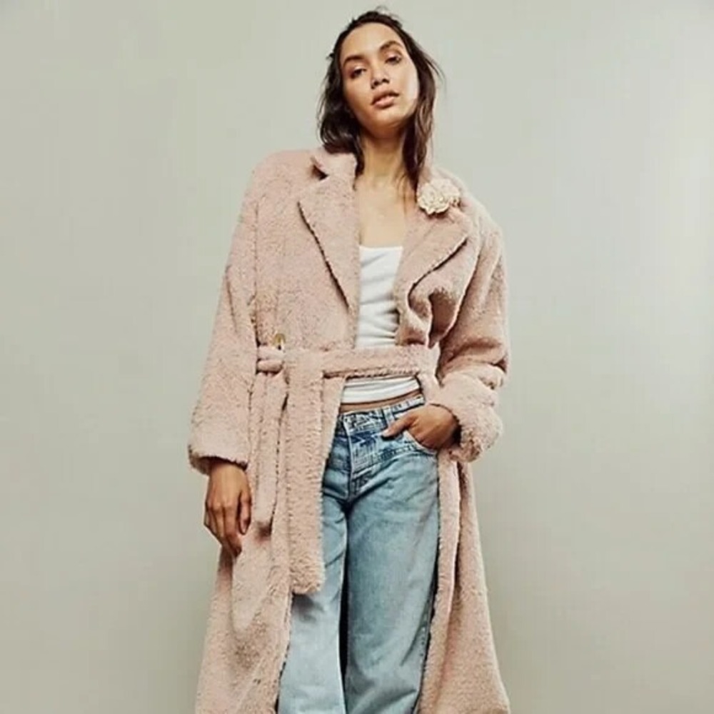 Free People Faux Fur Cuff It Winter Long Coat 70's Retro Oversized Size Large